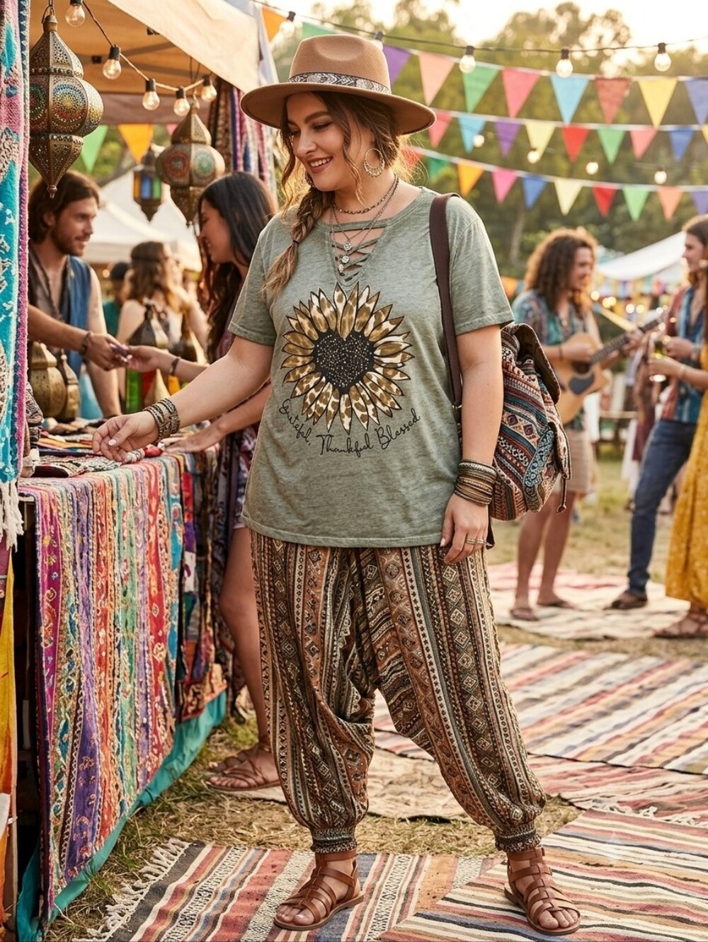Olive Green Lace-Up Sunflower Graphic Tee